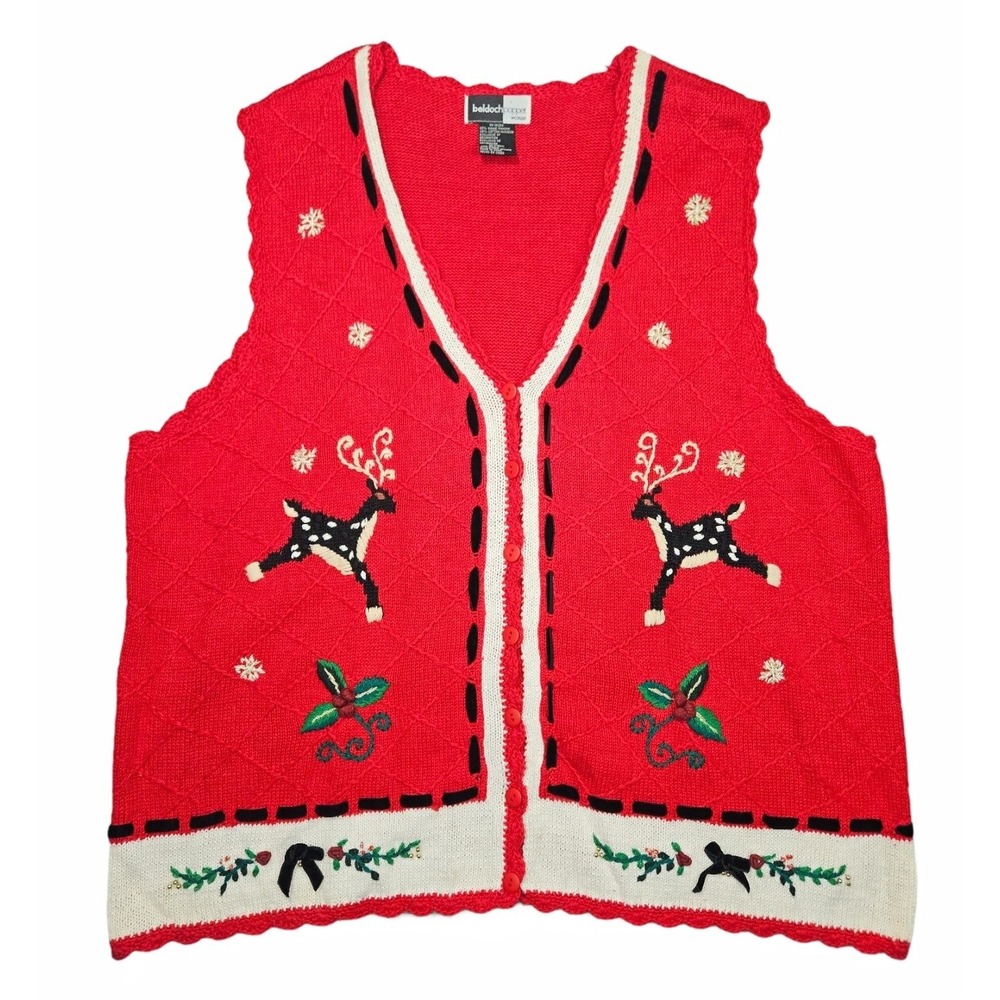 Beldoch Popper Vintage Christmas Reindeer Bow Sweater Vest Women's XL Red